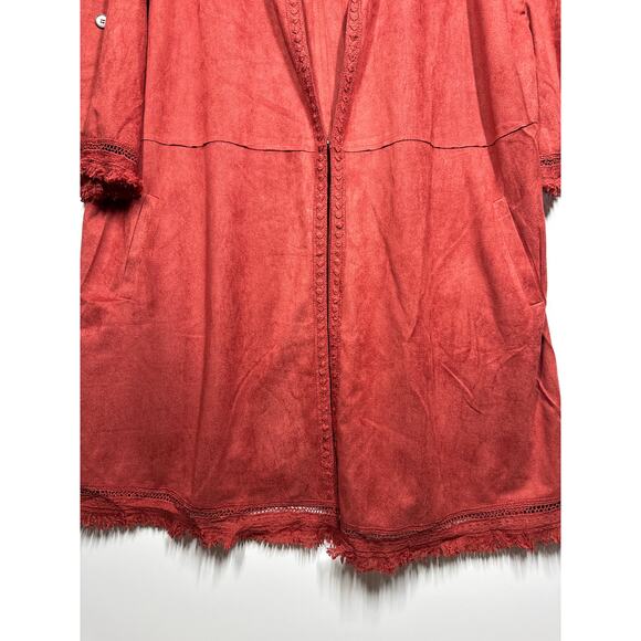 Davi & Dani Faux Suede Kimono Cardigan Boho Fringe Crochet Lace Rust NEW Size L - Picture 3 of 15
